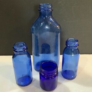 Cobalt Blue Bottles Pharmaceutical Medicine Set Lot 4 Vintage Glass #46